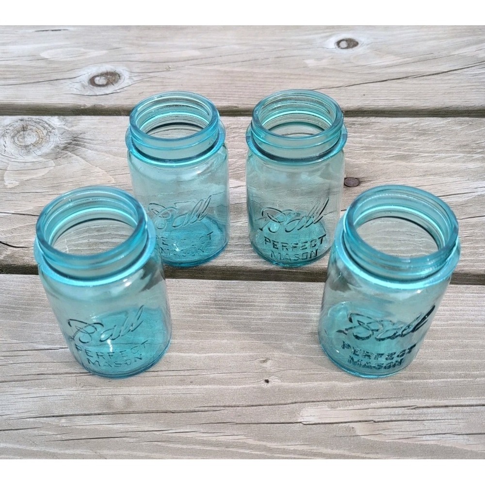 Vntg Blue Ball Perfect Mason Pint Jars Aqua Glass Canning Jars Lot 4 1923-1933